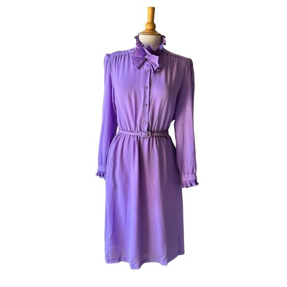 Vintage Lavender Purple Ruffle High Neck 1980s Victorian inspired Midi Dress - L - Picture 4 of 11